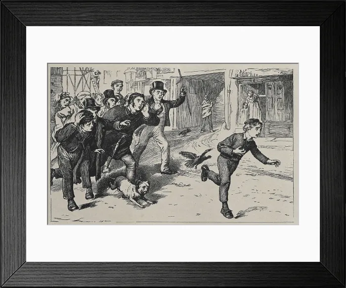 Framed Print : DICKENS, Charles (1812-1870). Illustration of the novel 'Oliver Twist' or 'The Parish Boy's Progress' by Charles Dickens. Oliver Twist is pursued as thief Framed Print : DICKENS, Charles (1812-1870). Illustration of the novel 'Oliver Twist' or 'The Parish Boy's Progress' by Charles Dickens. Oliver Twist is pursued as thief
