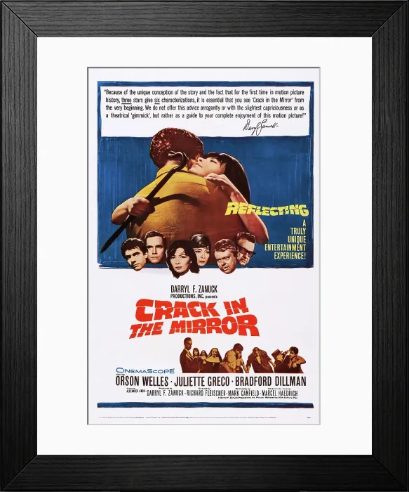 Framed Print : CRACK IN THE MIRROR, embracing from left: Bradford Dillman, Juliette Greco, heads from left: Bradford Dillman (twice), Juliette Greco (twice), Orson Welles (twice), 1960