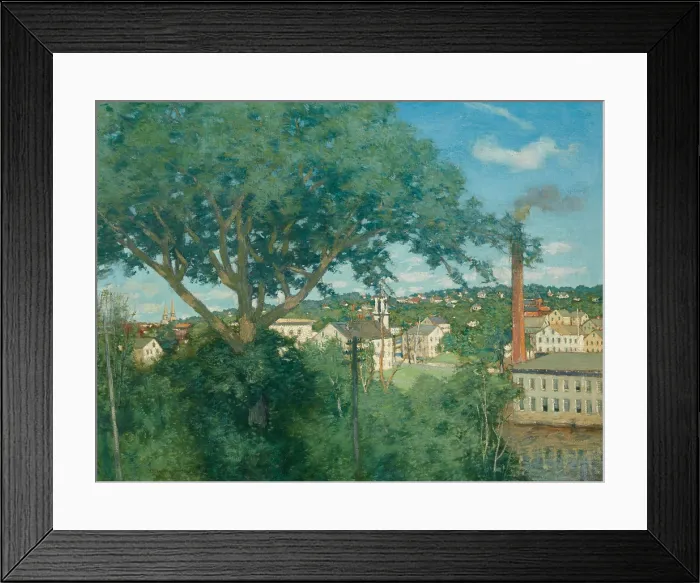 Framed Print : THE FACTORY VILLAGE, by Julian Alden Weir, 1897, American painting, oil on canvas. A large tree and plants dominate the foreground
