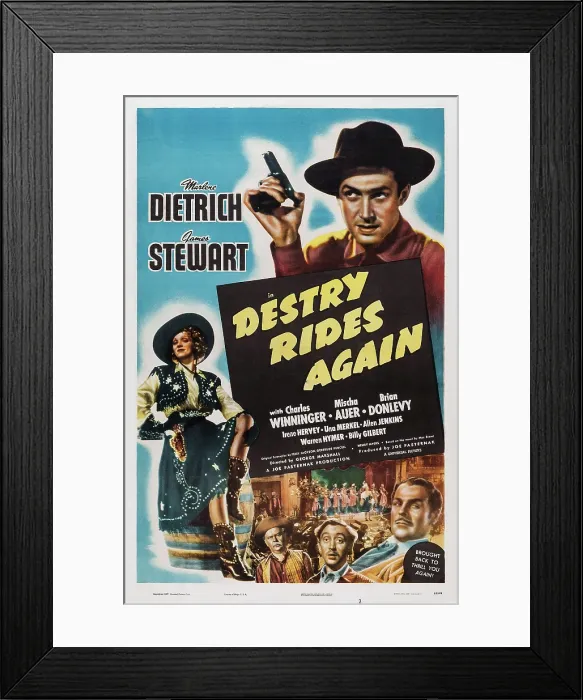 Framed Print : DESTRY RIDES AGAIN, top: James Stewart, left: Marlene Dietrich, bottom l-r: Charles Winninger, Mischa Auer, Brian Donlevy on 1947 re-release poster, 1939 Framed Print : DESTRY RIDES AGAIN, top: James Stewart, left: Marlene Dietrich, bottom l-r: Charles Winninger, Mischa Auer, Brian Donlevy on 1947 re-release poster, 1939