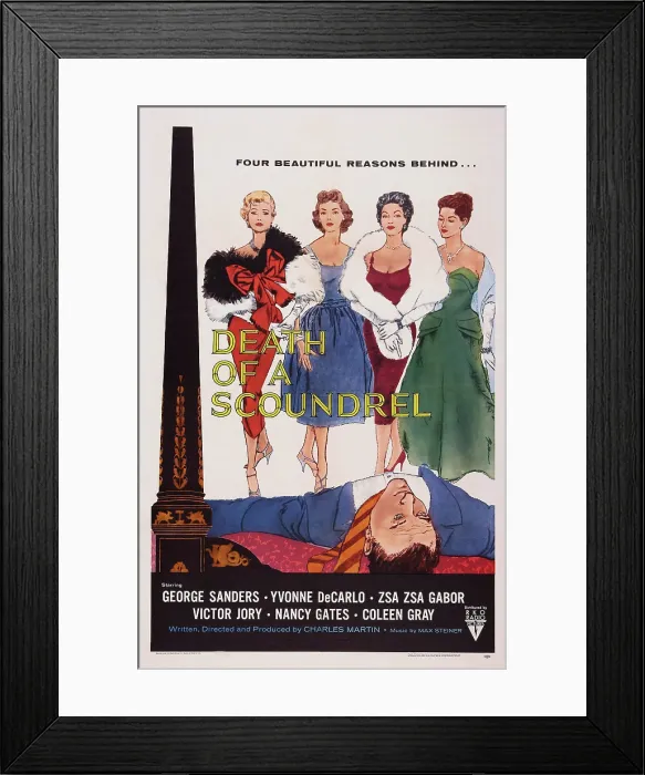 Framed Print : DEATH OF A SCOUNDREL, US poster art, back from left: Zsa Zsa Gabor, Nancy Gates, Yvonne DeCarlo, Coleen Gray, 1956