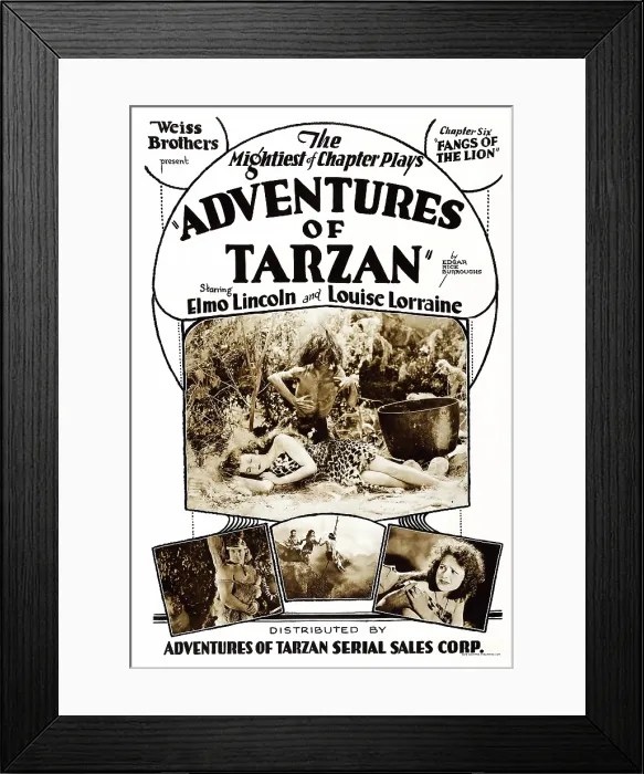 Framed Print : ADVENTURES OF TARZAN, top: Louise Lorraine, bottom l-r: Elmo Lincoln, Louise Lorraine in Chapter Six: Fangs of the Lion, poster art, 1921