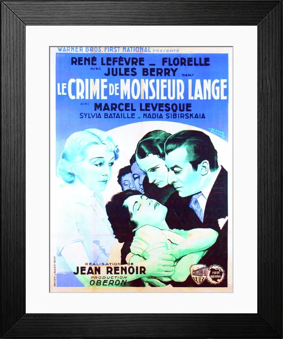 Framed Print : THE CRIME OF MONSIEUR LANGE, (aka LE CRIME DE MONSIEUR LANGE), French poster art, foreground from left (paler figures): Florelle, Nadia Sibirskaya, Rene Lefevre, Jules Berry, 1936