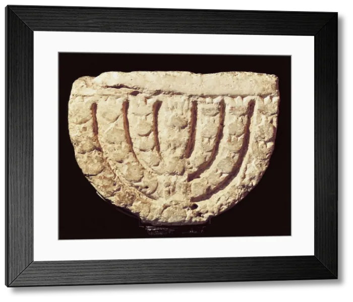 Framed Print : Proto-Ionic capital. 7th c. Jewish school. Menorah. Sculpture on rock. ISRAEL. Jerusalem. Israel Museum. Proc: ISRAEL. Jerusalem. Ramat Rachel