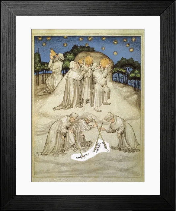 Framed Print : Philosophers watching the stars in Mount Athos. Picture of the 'Book of World Wonders', book of travels written by John Mandeville (14th c.). Gothic art