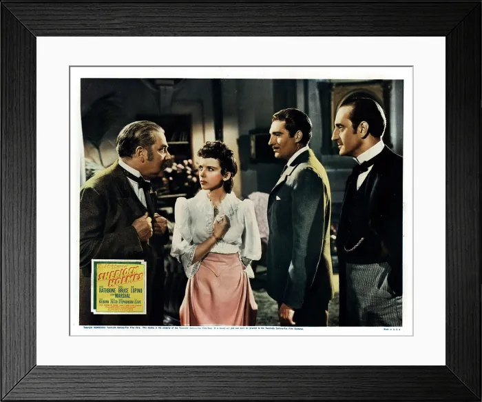 Framed Print : THE ADVENTURES OF SHERLOCK HOLMES, from left, Nigel Bruce, Ida Lupino, Alan Marshal, Basil Rathbone, 1939, TM and copyright 20th Century Fox Film Corp Framed Print : THE ADVENTURES OF SHERLOCK HOLMES, from left, Nigel Bruce, Ida Lupino, Alan Marshal, Basil Rathbone, 1939, TM and copyright 20th Century Fox Film Corp