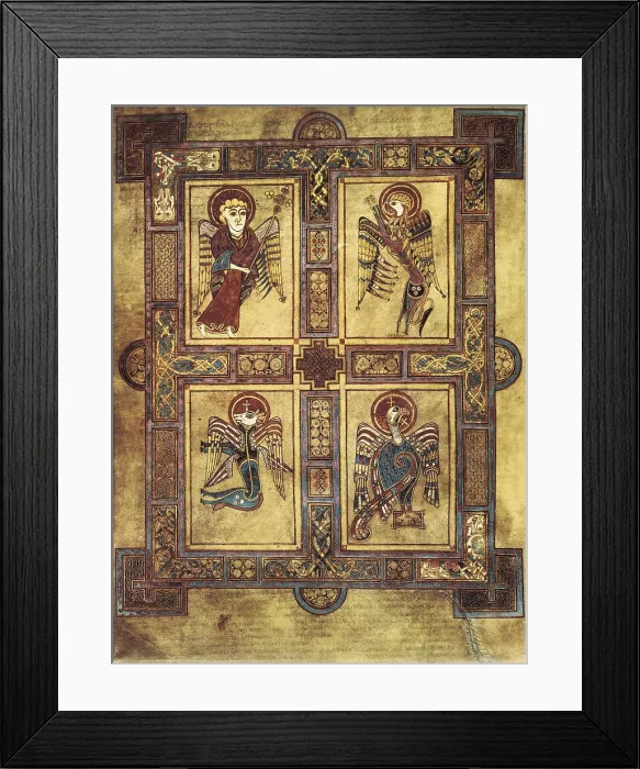 Framed Print : Book of Kells. 8th-9th c. Fol.27v. Introduction of Saint Mathew's Gospel with the symbol of the Four Evangelists. Celtic art. ; Anglo-Irish art. Miniature Painting. IRELAND