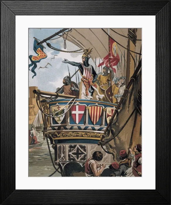 Framed Print : Spain. Crown of Aragon. Conquest of Majorca (1232). James I going to the conquest. Illustration of 'Glorias espaolas' (Spanish Heroes) by Carlos Mendoza (c.1880) Framed Print : Spain. Crown of Aragon. Conquest of Majorca (1232). James I going to the conquest. Illustration of 'Glorias espaolas' (Spanish Heroes) by Carlos Mendoza (c.1880)