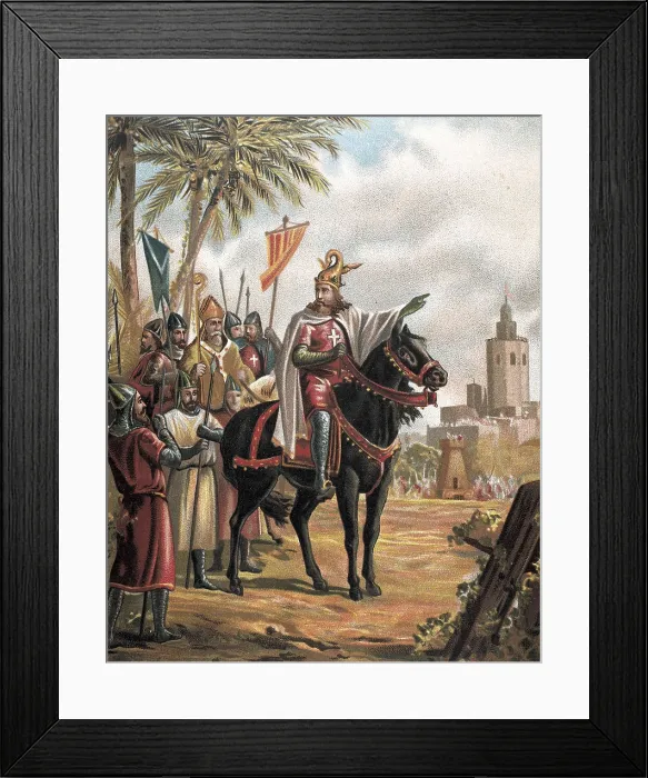Framed Print : Spain. Crown of Aragon. Conquest of Valencia (1238). James I in the siege of Valencia. Illustration of the 'Glorias espaolas' by Carlos Mendoza (c.1880) Framed Print : Spain. Crown of Aragon. Conquest of Valencia (1238). James I in the siege of Valencia. Illustration of the 'Glorias espaolas' by Carlos Mendoza (c.1880)