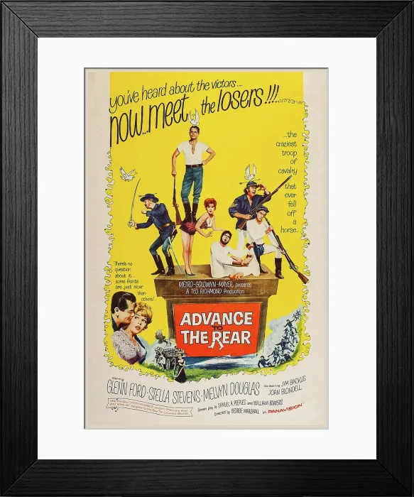Framed Print : ADVANCE TO THE REAR, top l-r: Melvyn Douglas, Glenn Ford, Stella Stevens, bottom l-r: Glenn Ford, Stella Stevens, 1964