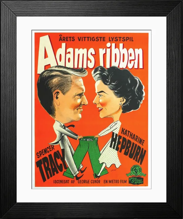 Framed Print : ADAM'S RIB, (aka ADAMS RIBBEN), l-r: Spencer Tracy, Katharine Hepburn on Danish poster art, 1949