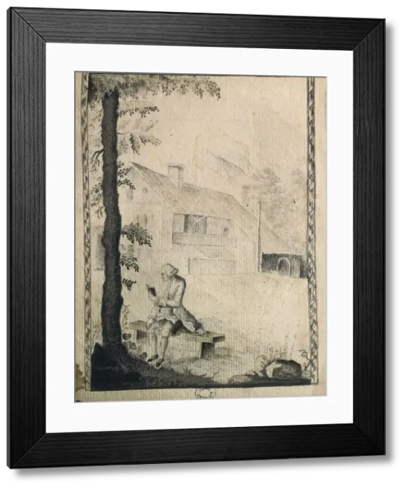 Framed Print : Rousseau, Jean-Jacques (1712-1778). Rousseau reading before his house in Motiers. Drawing by Gryph from 1783. Engraving. FRANCE. Paris. Muse Carnavalet (Carnavalet Museum)