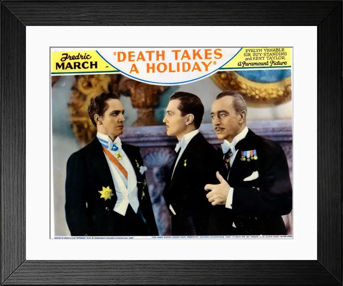 Framed Print : DEATH TAKES A HOLIDAY, US lobbycard, from left: Fredric March, Kent Taylor, Guy Standing, 1934