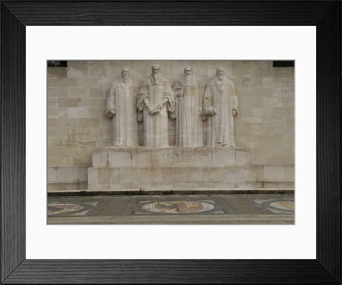 Framed Print : SWITZERLAND. Geneva. Reformation Wall. Statues of John Calvin, Guillaume Farel, Theodore de Beze and John Knox. Sculpture. AISA / Everett Collection**US SALES ONLY**