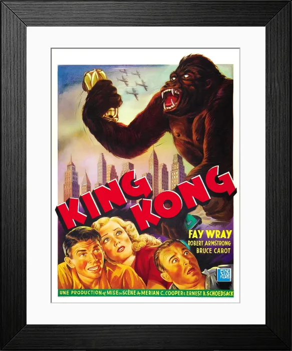 Framed Print : KING KONG, bottom left, from left: Bruce Cabot, Fay Wray, Robert Armstrong; upper right: King Kong on Belgian poster art, 1933