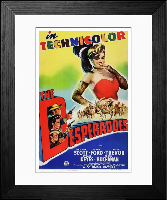Framed Print : THE DESPERADOES, US poster art, from top right: Claire Trevor, Randolph Scott, Glenn Ford, Guinn Williams, 1943 Framed Print : THE DESPERADOES, US poster art, from top right: Claire Trevor, Randolph Scott, Glenn Ford, Guinn Williams, 1943