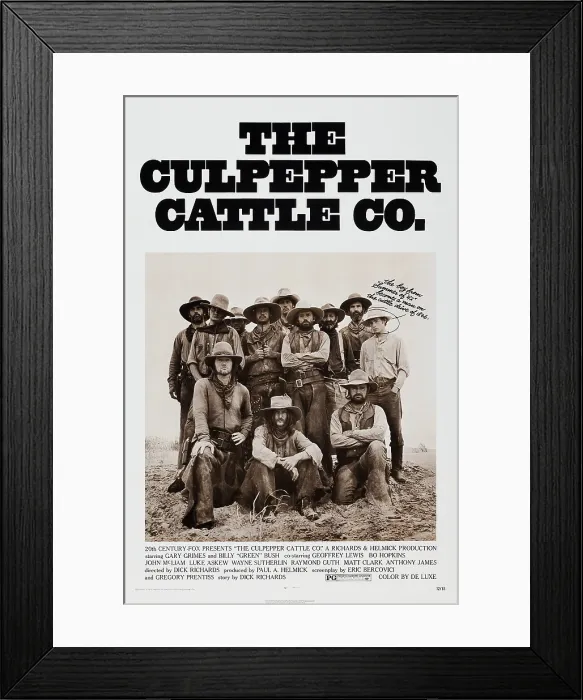 Framed Print : THE CULPEPPER CATTLE CO. US poster, standing from left: Charles Martin Smith, Bo Hopkins, Geoffrey Lewis (hands on shirt), Matt Clark (arms folder), Raymond Guth