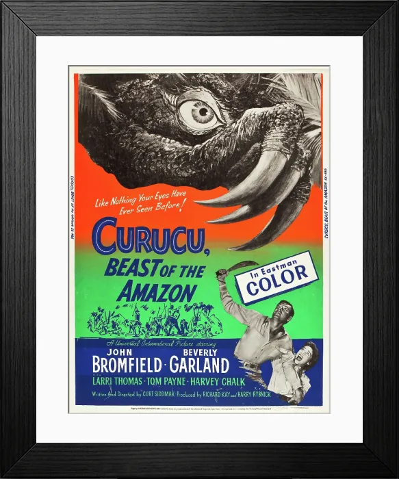 Framed Print : CURUCU, BEAST OF THE AMAZON, l-r: John Bromfield, Beverly Garland on US poster art, 1956 Framed Print : CURUCU, BEAST OF THE AMAZON, l-r: John Bromfield, Beverly Garland on US poster art, 1956