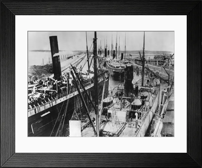 Framed Print : Nine loaded transports moving out into Tampa Bay in June 1898