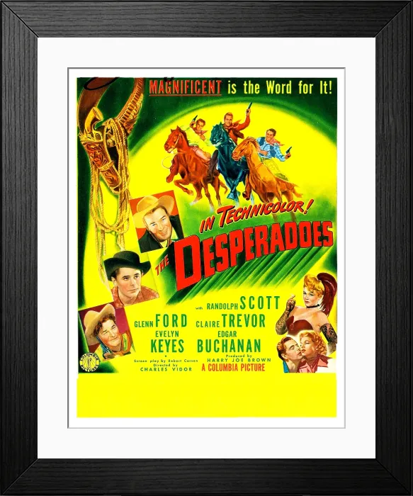 Framed Print : THE DESPERADOES, US poster, left from bottom: Guinn Williams, Glenn Ford, Randolph Scott, bottom right from top: Claire Trevor, Randolph Scott, Evelyn Keyes, 1943