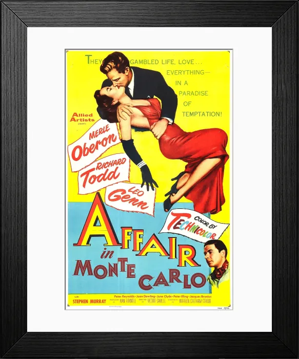 Framed Print : AFFAIR IN MONTE CARLO, (aka 24 HOURS OF A WOMAN'S LIFE), US poster, top from left: Merle Oberon, Richard Todd, bottom right: Leo Genn, 1952