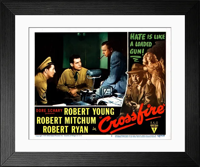 Framed Print : CROSSFIRE, from left: Robert Mitchum, Robert Ryan, Robert Young, 1947 Framed Print : CROSSFIRE, from left: Robert Mitchum, Robert Ryan, Robert Young, 1947