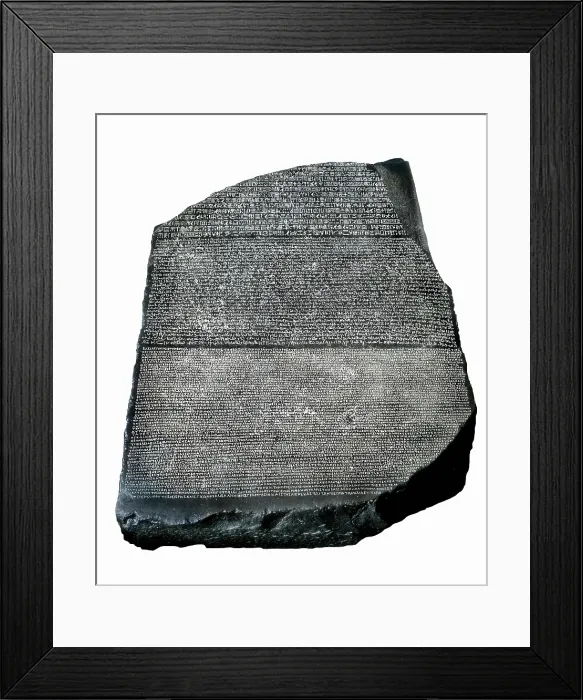 Framed Print : The Rosetta Stone. ca. 196 BC. Decree on the royal cult written in the first aniversary of the crowning of Ptolemy V. Written in hieroglyphic script (upper part), demotic (central part) and Greek Framed Print : The Rosetta Stone. ca. 196 BC. Decree on the royal cult written in the first aniversary of the crowning of Ptolemy V. Written in hieroglyphic script (upper part), demotic (central part) and Greek