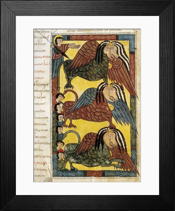 Framed Print : Beatus of Liebana. 10th c. Sheet 150. Death of the Beast and the enemies of God. Mozarabic art. Miniature Painting. SPAIN. San Lorenzo de El Escorial Framed Print : Beatus of Liebana. 10th c. Sheet 150. Death of the Beast and the enemies of God. Mozarabic art. Miniature Painting. SPAIN. San Lorenzo de El Escorial