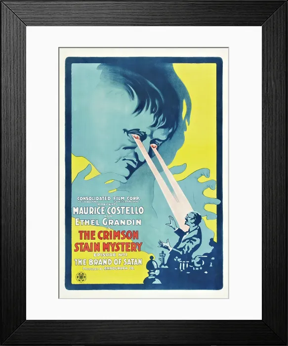Framed Print : THE CRIMSON STAIN MYSTERY, Episode 1-The Brand of Satan, poster art, 1916 Framed Print : THE CRIMSON STAIN MYSTERY, Episode 1-The Brand of Satan, poster art, 1916
