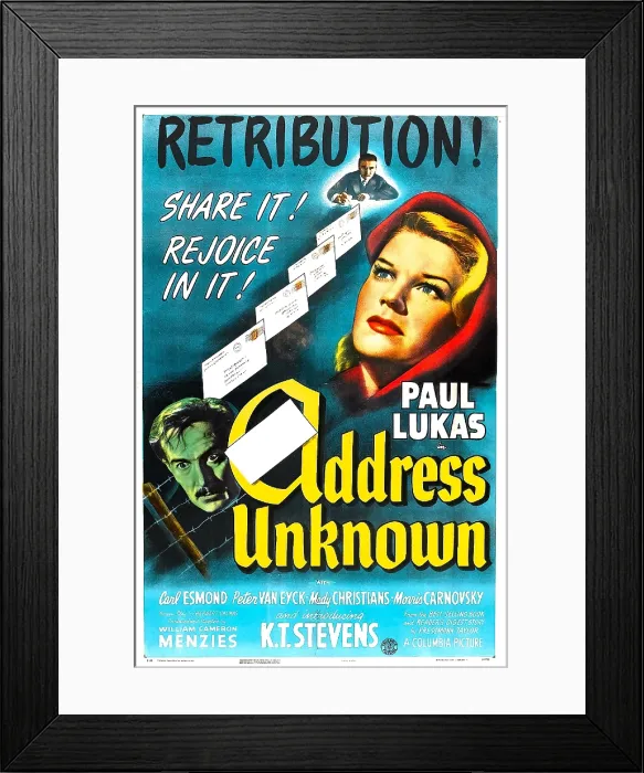 Framed Print : ADDRESS UNKNOWN, US poster, far left: Paul Lukas, far right: K.T. Stevens, 1944 Framed Print : ADDRESS UNKNOWN, US poster, far left: Paul Lukas, far right: K.T. Stevens, 1944