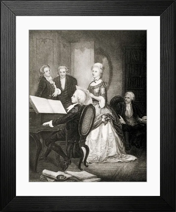 Framed Print : MOZART, Wolfgang Amadeus (1756-1791); CAVALIERI, Caterina (1760-1801). Wolfgang Amadeus Mozart accompanying on piano to the soprano Caterina Cavalieri. Etching