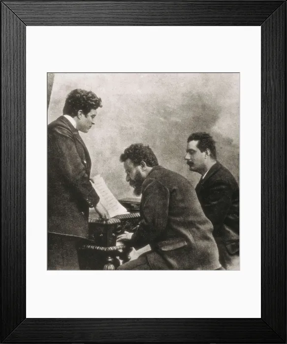 Framed Print : From left to right, the composers Pietro Mascagni, Albero Franchetti and Giacomo Puccini before the piano. AISA / Everett Collection**US SALES ONLY**