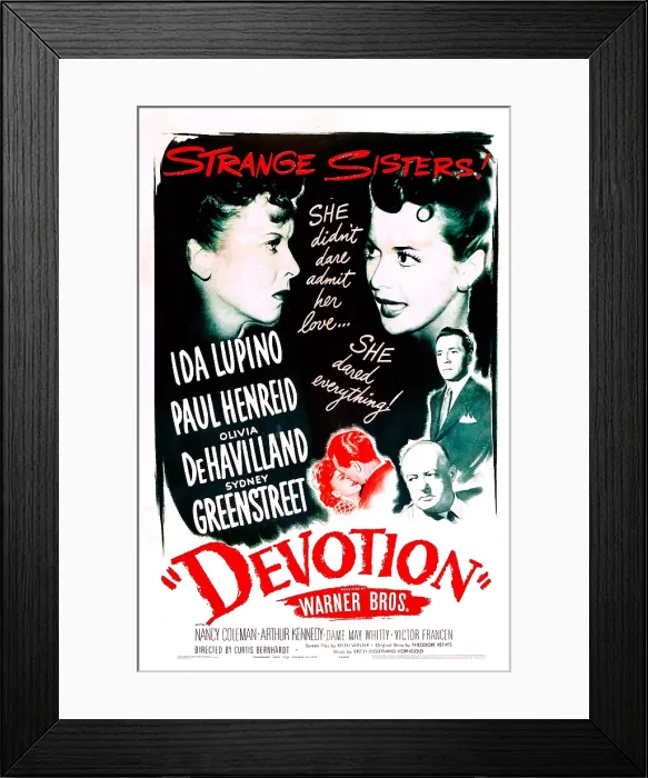 Framed Print : DEVOTION, US poster, from left: Ida Lupino, Olivia De Havilland, Paul Henreid, Sydney Greenstreet, 1946 Framed Print : DEVOTION, US poster, from left: Ida Lupino, Olivia De Havilland, Paul Henreid, Sydney Greenstreet, 1946