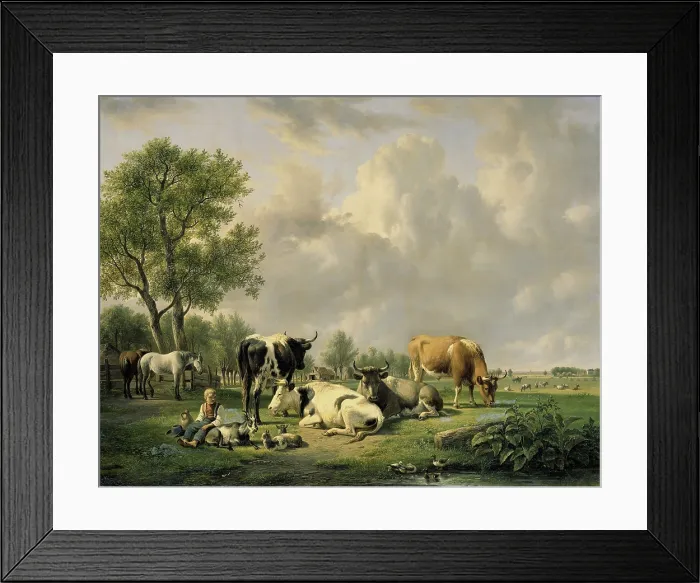 Framed Print : Meadow with Animals, by Jan van Ravenswaay, 1820-37, Dutch painting, oil on canvas. Pasture with cows and a boy with goats Framed Print : Meadow with Animals, by Jan van Ravenswaay, 1820-37, Dutch painting, oil on canvas. Pasture with cows and a boy with goats
