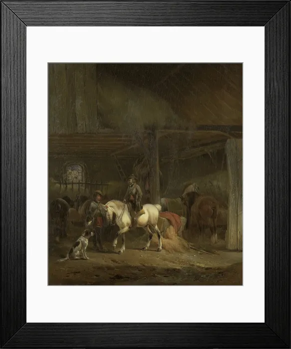 Framed Print : Horse Stable, by Joseph Moerenhout, c. 1830-40, Dutch painting, oil on panel. Two hunters and a dog get ready for a hunt. (BSLOC_2016_1_330)