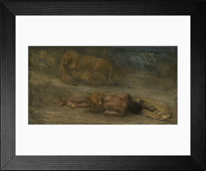 Framed Print : Lioness with Her Cubs at a Dead Black Man Named Nemesis, by John Macallan Swan, c. 1870-1900, English painting, oil on canvas. A lioness walks with three cubs