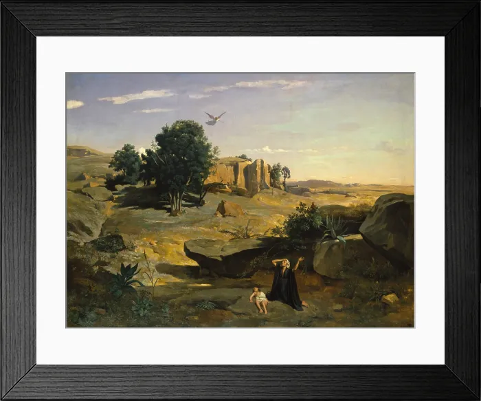 Framed Print : HAGAR IN THE WILDERNESS, by Camille Corot, 1835, French painting, oil on canvas. This painting was Corots first critical success when exhibited in the Paris Salon of 1835 Framed Print : HAGAR IN THE WILDERNESS, by Camille Corot, 1835, French painting, oil on canvas. This painting was Corots first critical success when exhibited in the Paris Salon of 1835