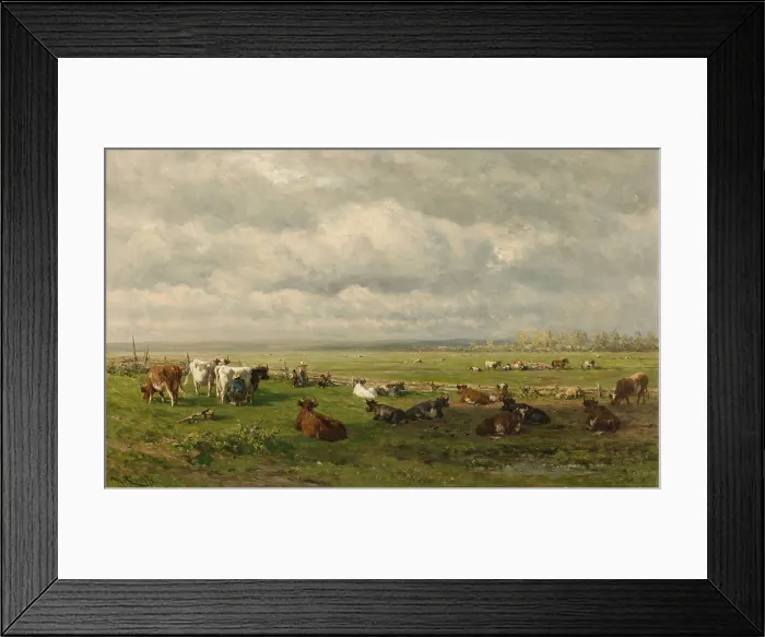 Framed Print : Meadow Landscape with Cattle, by Willem Roelofs 1st, c. 1880, Dutch painting, oil on canvas. Farmer milking cows in the field on the flat landscape Framed Print : Meadow Landscape with Cattle, by Willem Roelofs 1st, c. 1880, Dutch painting, oil on canvas. Farmer milking cows in the field on the flat landscape
