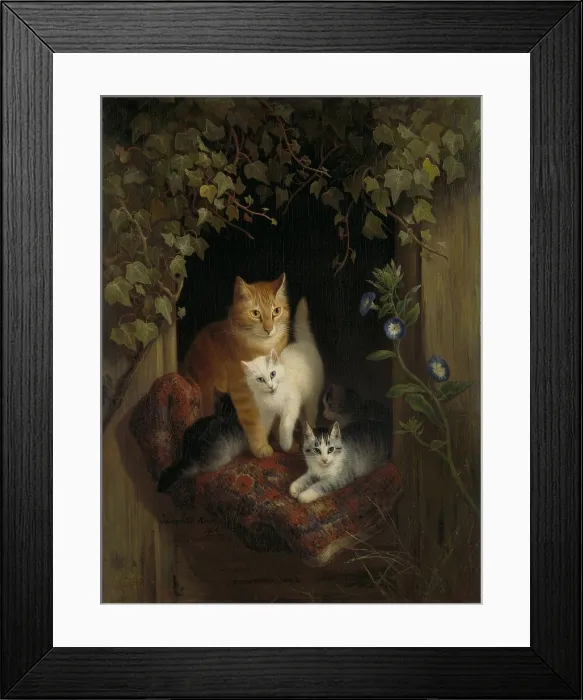 Framed Print : Cat with Kittens, by Henriette Ronner, c. 1844, Belgian-Dutch painting on panel. Cat with four kittens in an ivy framed window of a wooden building. They sit on a red blanket