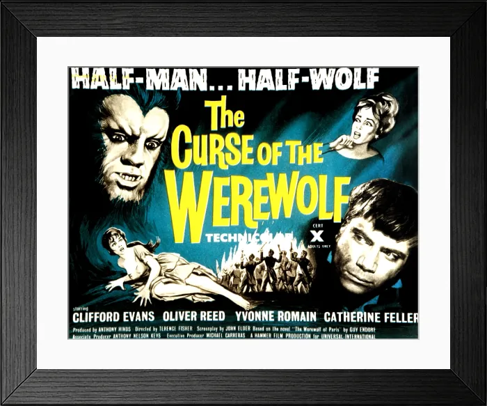 Framed Print : THE CURSE OF THE WEREWOLF, from left top: Oliver Reed, Catherine Feller; from left bottom: Yvonne Romain, Oliver Reed, 1961