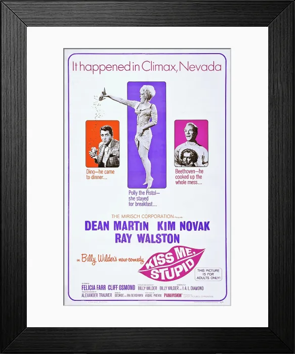 Framed Print : KISS ME STUPID, US poster art, from left: Dean Martin, Kim Novak, Ray Walston, 1964 Framed Print : KISS ME STUPID, US poster art, from left: Dean Martin, Kim Novak, Ray Walston, 1964