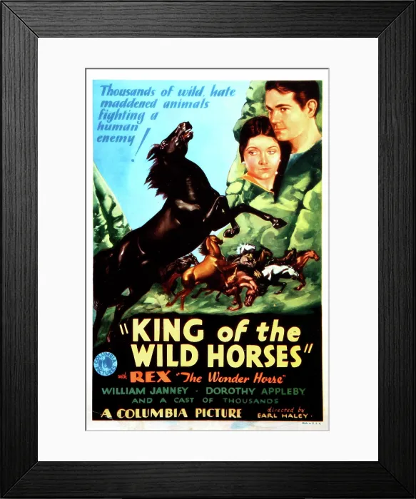 Framed Print : KING OF THE WILD HORSES, from left: Rex the Wonder Horse, Dorothy Appleby, William Janney on midget window card, 1933