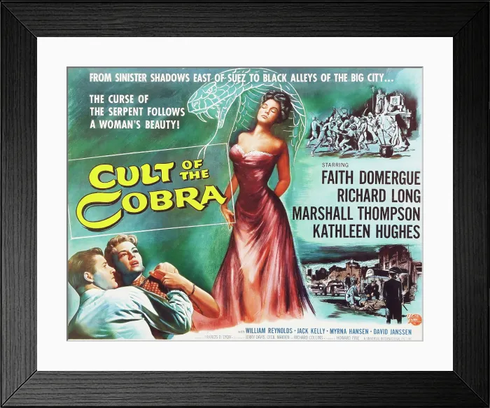 Framed Print : CULT OF THE COBRA, center: Faith Domergue, bottom l-r: Marshall Thompson, Kathleen Hughes on title card, 1955