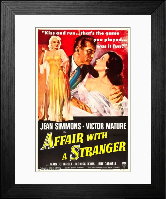 Framed Print : AFFAIR WITH A STRANGER, US poster, from left: Monica Lewis, Victor Mature, Jean Simmons, 1953 Framed Print : AFFAIR WITH A STRANGER, US poster, from left: Monica Lewis, Victor Mature, Jean Simmons, 1953