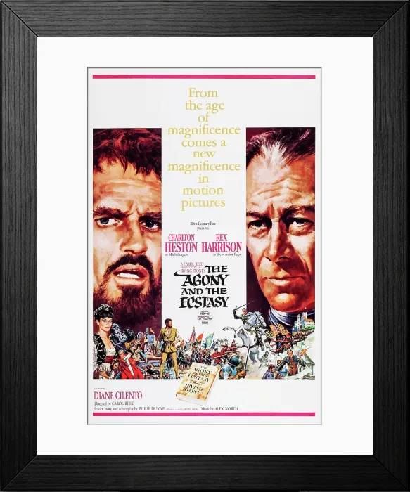 Framed Print : THE AGONY AND THE ECSTASY, top l-r: Charlton Heston, Rex Harrison, bottom: Diane Cilento on poster art, 1965