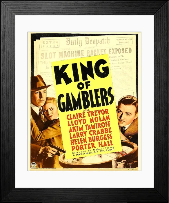 Framed Print : KING OF GAMBLERS, left from left: Lloyd Nolan, Claire Trevor, right: Akim Tamiroff on window card, 1937