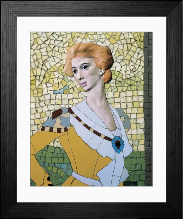 Framed Print : PEY I FARRIOL, Josep (1875-1956). Women with a Basket of Fruits under a vine arbour. ca. 1905-1906. Left central detail. Mosaic, ceramics and tiles fragments from Valencia