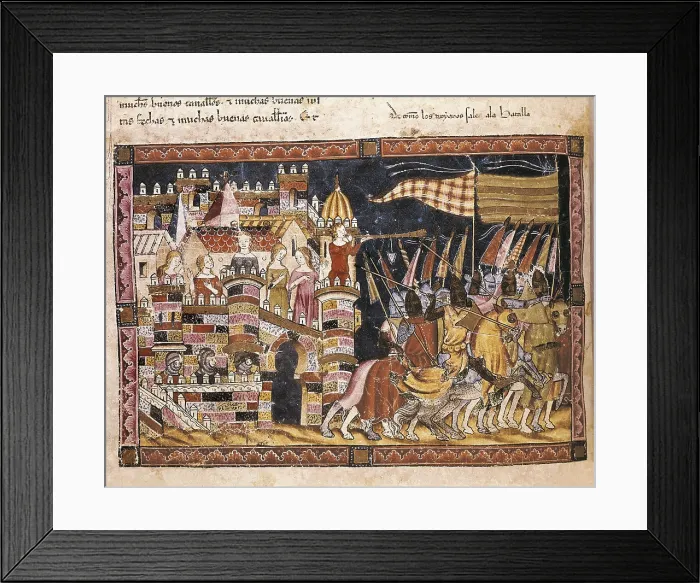 Framed Print : Trojan War. Trojans going to war. Fol. 86v of the Codex Benito Santa Mora (15th c.). Gothic art. Miniature Painting. SPAIN. San Lorenzo de El Escorial