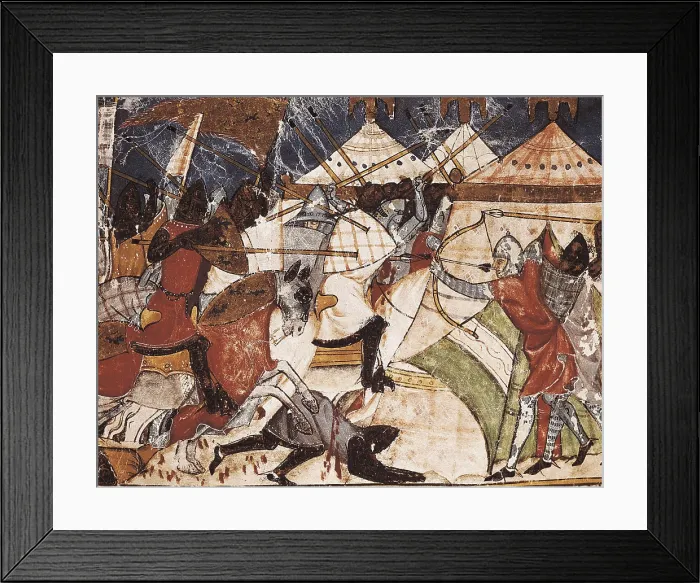 Framed Print : Trojan War. Attack of Trojans to the Greek camp. Upper section of fol. 108r of the Codex Benito Santa Mora (15th c.). Gothic art. Miniature Painting. SPAIN
