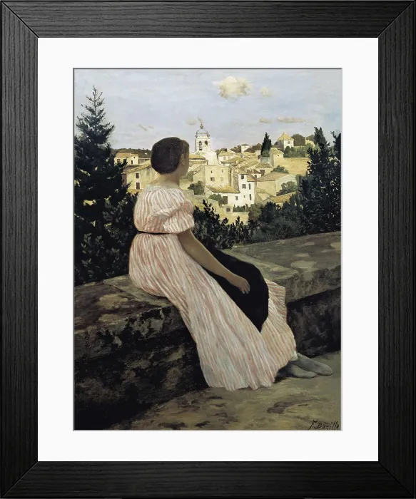 Framed Print : BAZILLE, Jean-Frdric (1841-1870). The Pink Dress, or View of Castelnau-le-Lez. 1864. Portrait of the artist's niece, Therese des Hours. Impressionism. Oil on canvas. FRANCE